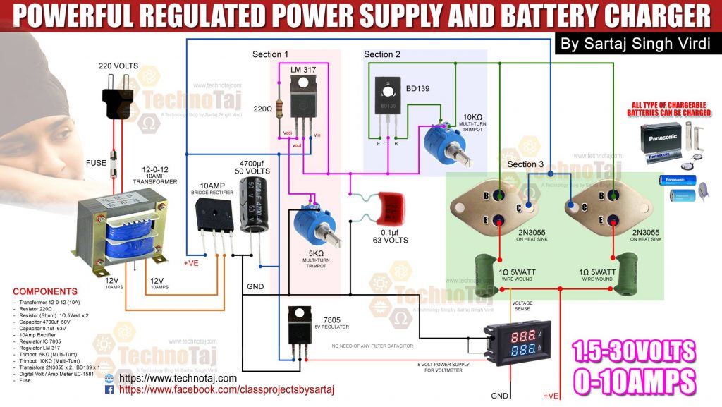 Best 10 Amp 030V Variable Power Supply / Battery Charger Circuit